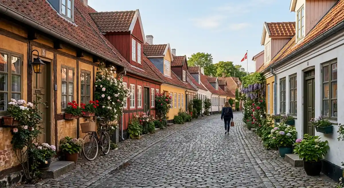 En charmerende brostensbelagt gade med farverige historiske huse i det centrale 5000 Odense C i blødt dagslys.