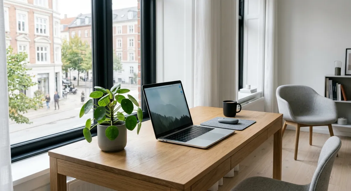 Moderne nordisk kontor med bærbar computer der symboliserer hurtig og sikker webhosting
